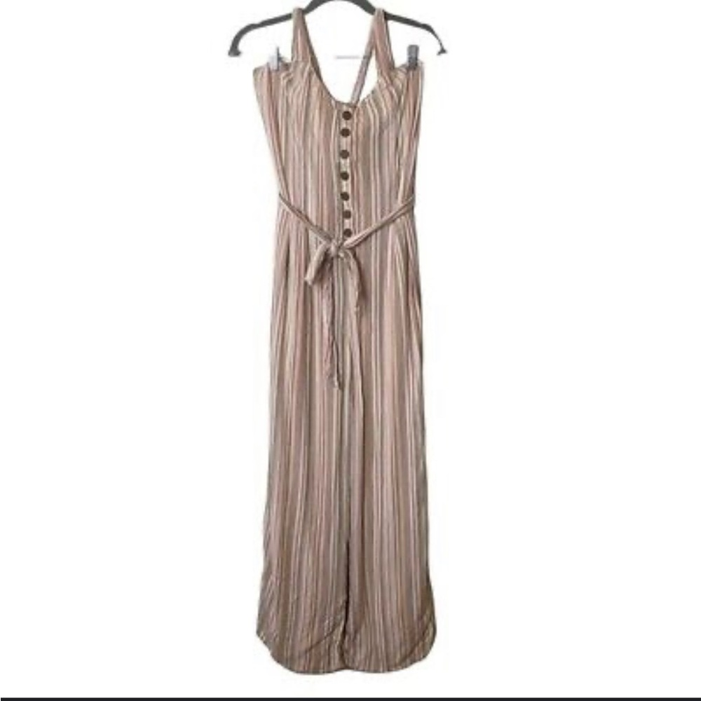 American Eagle LRG earth-tone striped Halter style wide leg jumpsuit